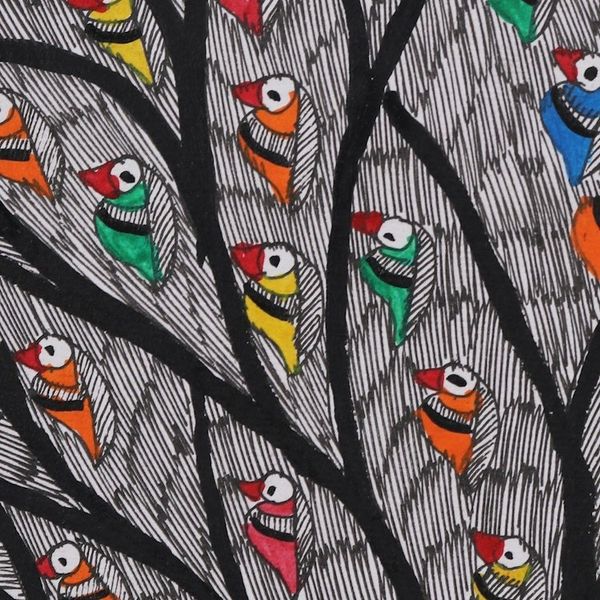 Alternate image for Signed Madhubani Painting of Parrots in a Tree from India Parrot Harmony