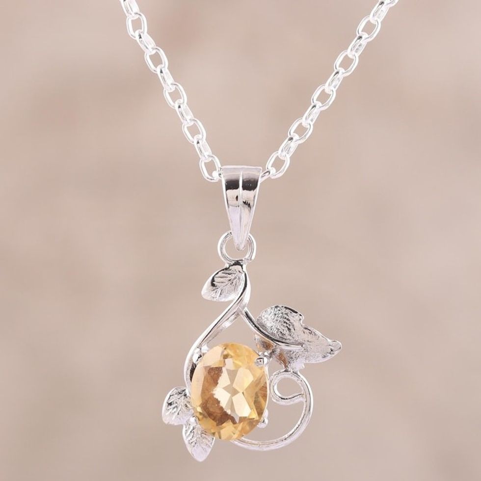 Leafy Rhodium Plated Citrine Pendant Necklace from India 'Glittering Blossom'