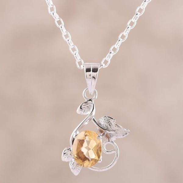 Alternate image for Leafy Rhodium Plated Citrine Pendant Necklace from India Glittering Blossom
