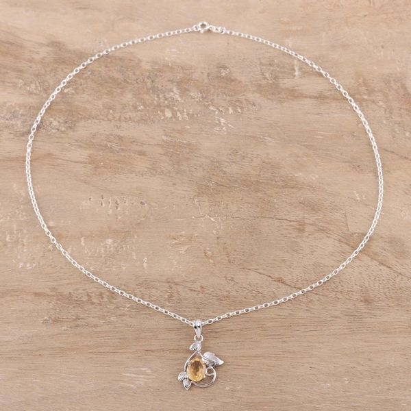 Alternate image for Leafy Rhodium Plated Citrine Pendant Necklace from India Glittering Blossom