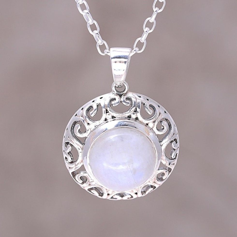 Indian Sterling Silver and Rainbow Moonstone Necklace 'Glowing Moonlight'