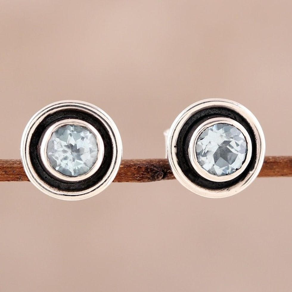 Circular Blue Topaz Stud Earrings from India 'Graceful Frames'