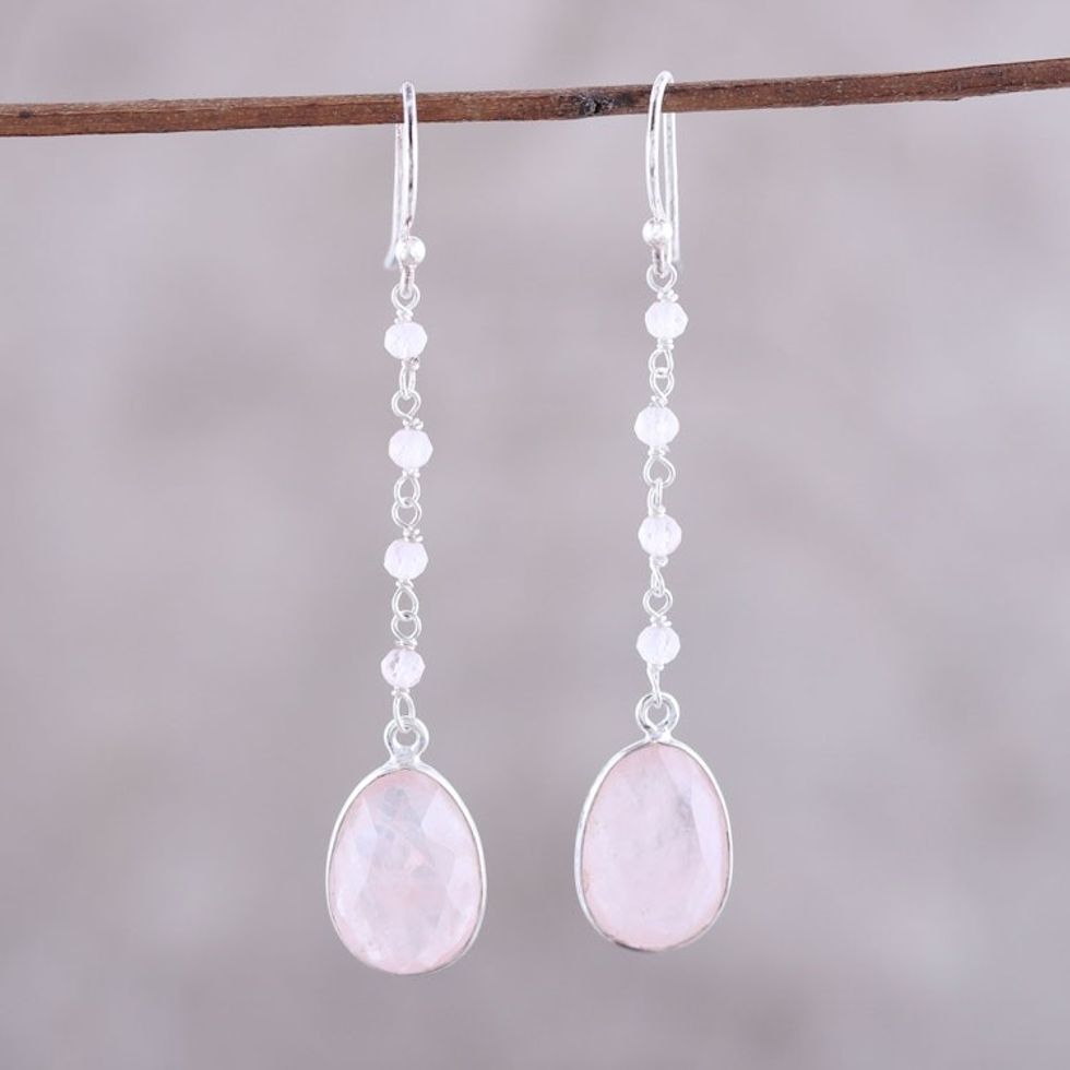 8-Carat Rose Quartz Dangle Earrings from India 'Raining Drops'