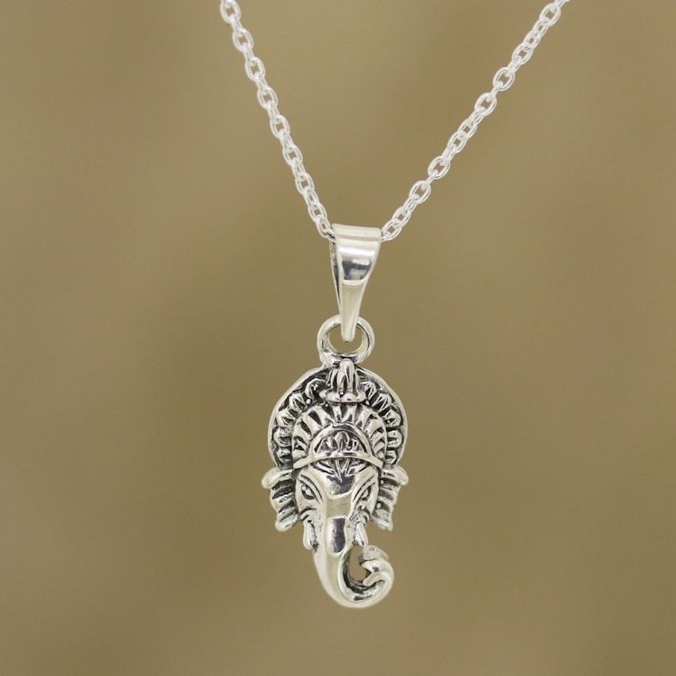 Sterling Silver Hindu God Ganesha Pendant Necklace 'Rejoicing Ganesha'