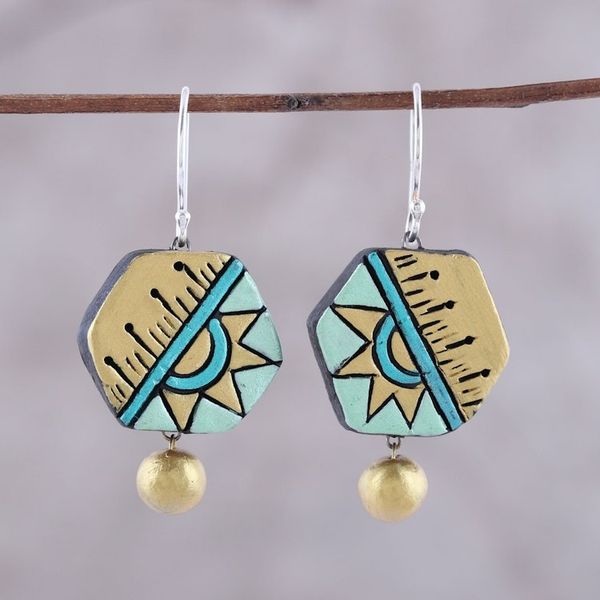 Alternate image for Hexagonal Ceramic Dangle Earrings Crafted in India Geometric Mystique