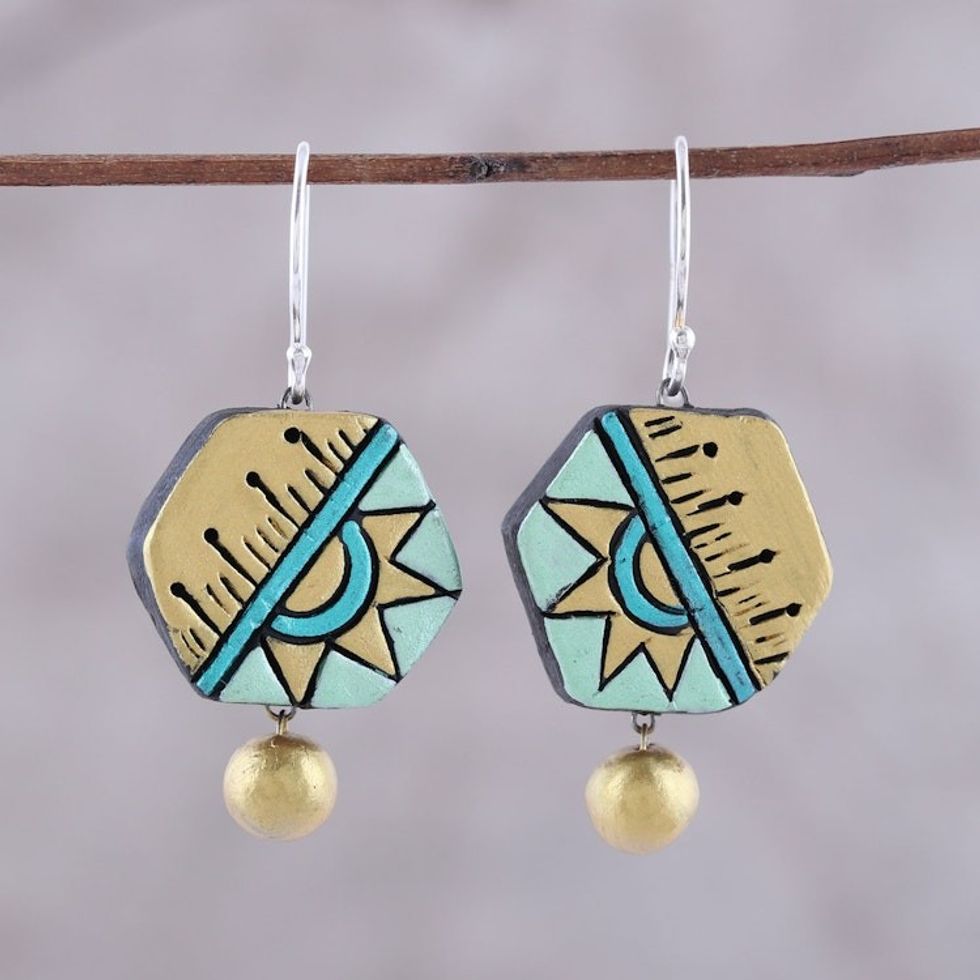 Hexagonal Ceramic Dangle Earrings Crafted in India 'Geometric Mystique'