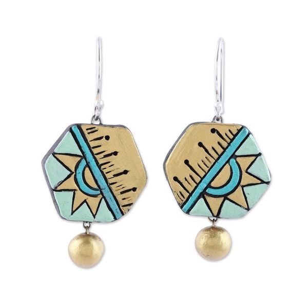 Alternate image for Hexagonal Ceramic Dangle Earrings Crafted in India Geometric Mystique