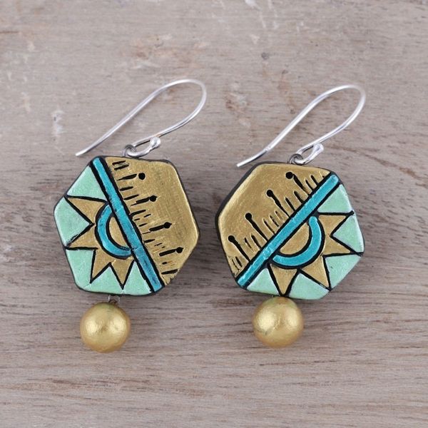 Alternate image for Hexagonal Ceramic Dangle Earrings Crafted in India Geometric Mystique
