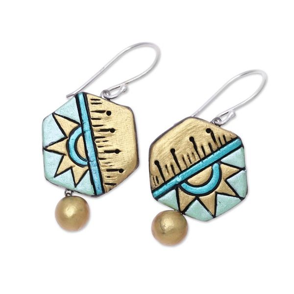Alternate image for Hexagonal Ceramic Dangle Earrings Crafted in India Geometric Mystique