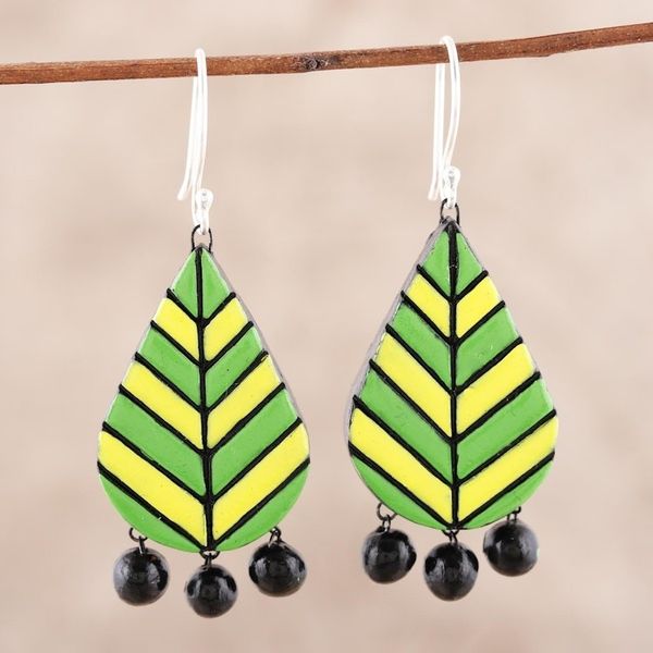 Alternate image for Leaf-Shaped Ceramic Chandelier Earrings from India Dainty Leaves
