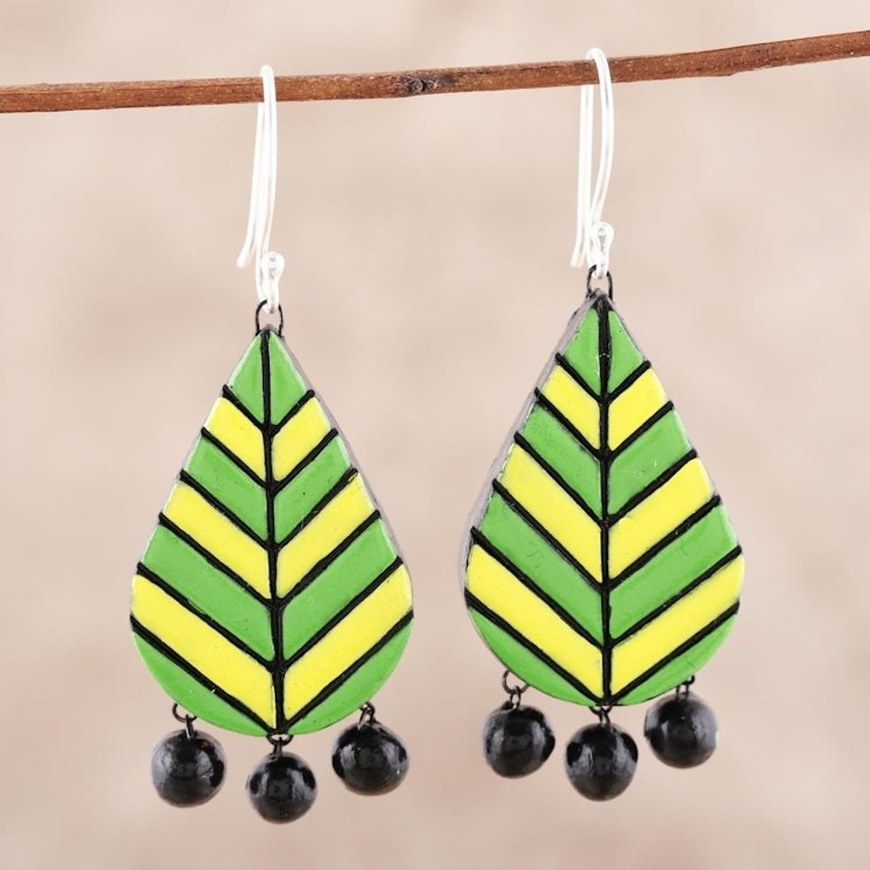 Leaf-Shaped Ceramic Chandelier Earrings from India 'Dainty Leaves'