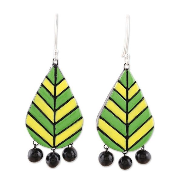 Alternate image for Leaf-Shaped Ceramic Chandelier Earrings from India Dainty Leaves