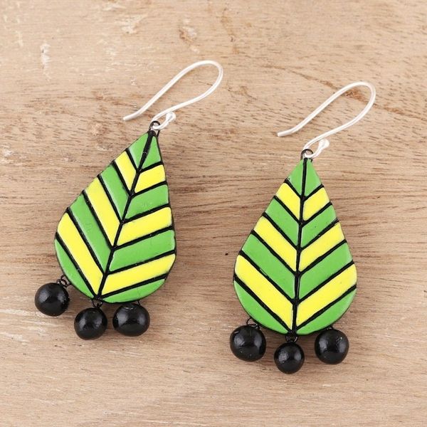 Alternate image for Leaf-Shaped Ceramic Chandelier Earrings from India Dainty Leaves