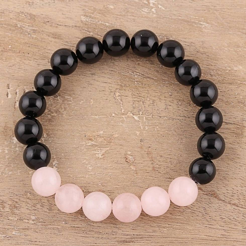 Rose Quartz and Onyx Beaded Stretch Bracelet from India 'Gleaming Union'