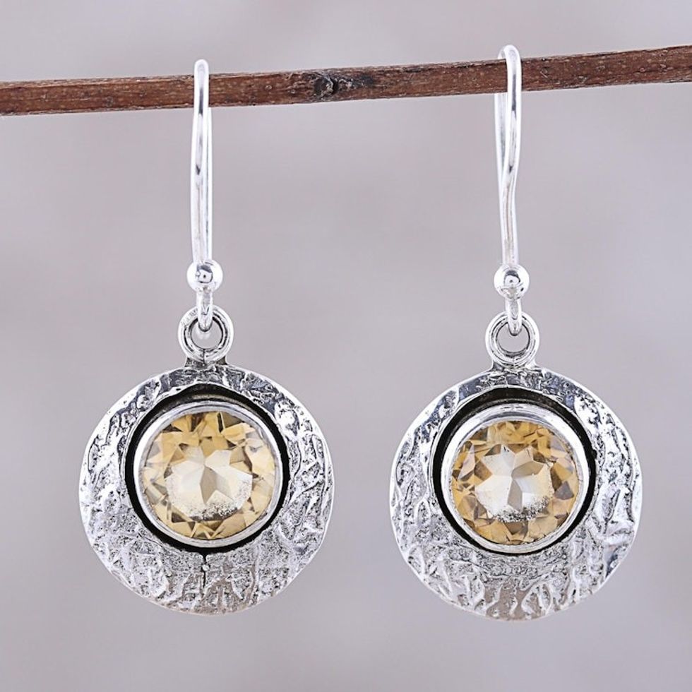Sterling Silver and Yellow Citrine Round Dangle Earrings 'Lemon Orbs'