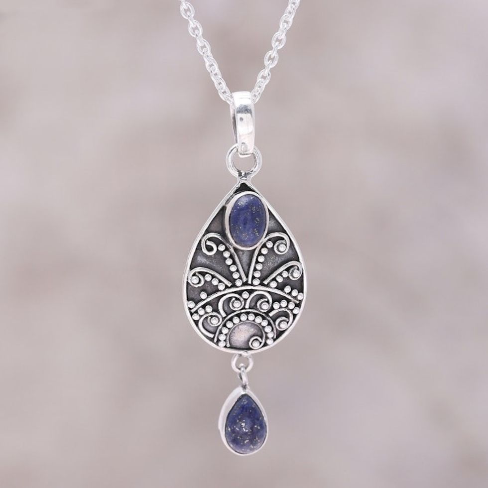 Sterling Silver and Lapis Lazuli Teardrop Pendant Necklace 'Night Sky Dance'