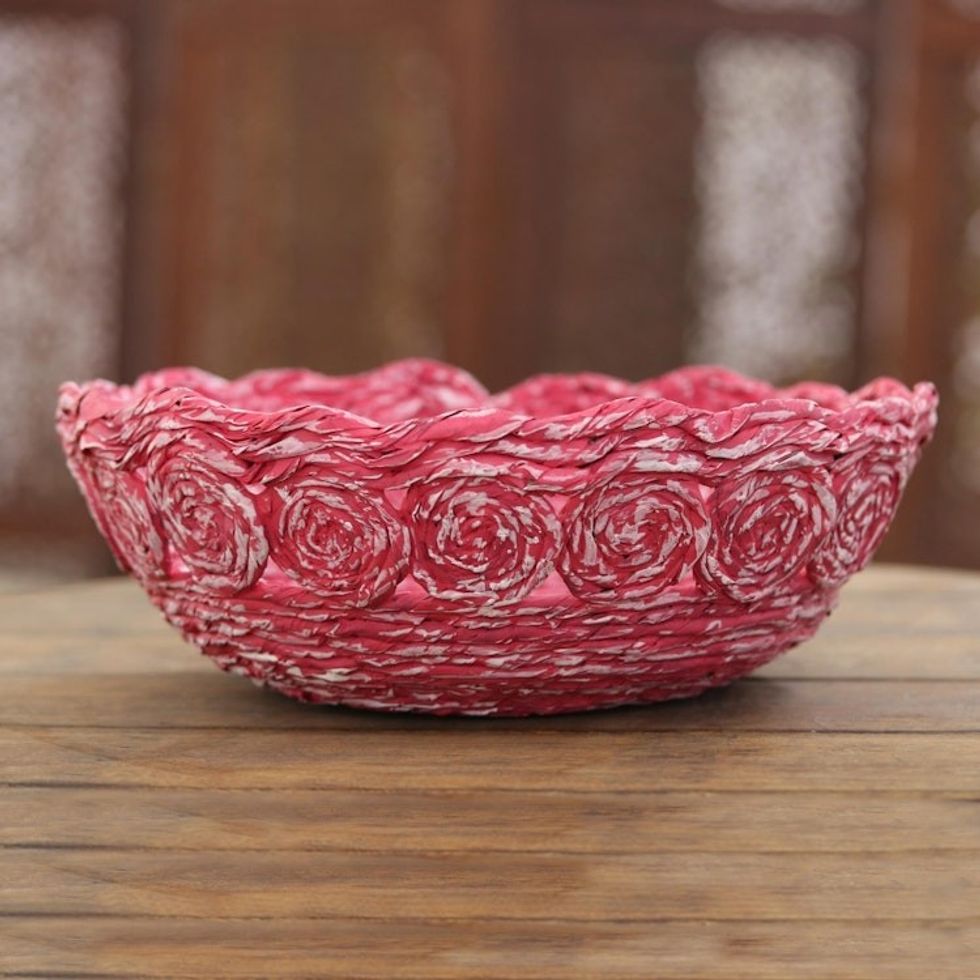 Recycled Paper Basket in Red from India 'Beautiful Spirals in Pink'