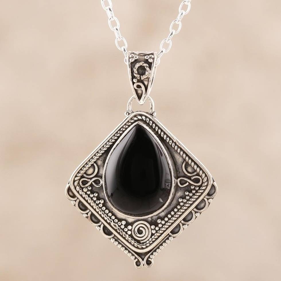 Kite-Shaped Onyx Pendant Necklace from India 'Black Kite'