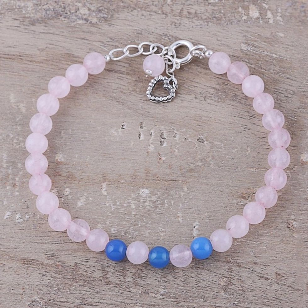 Rose Quartz and Chalcedony Beaded Bracelet from India 'Pretty Love'