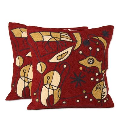 Alternate image for Abstract Embroidered Cotton Cushion Covers from India Pair Abstract Expression
