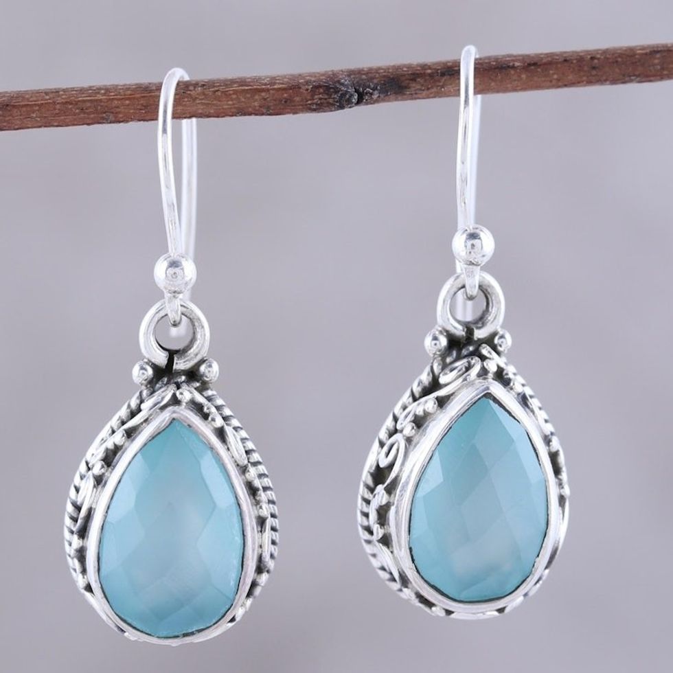 Teardrop Chalcedony Dangle Earrings in Aqua from India 'Sky Mist'