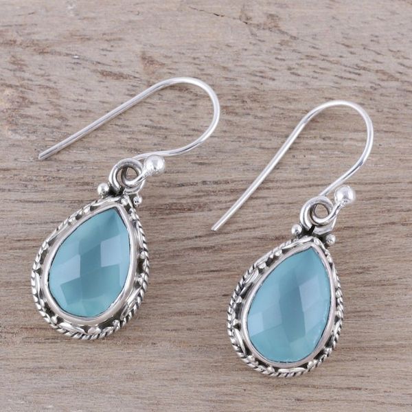 Alternate image for Teardrop Chalcedony Dangle Earrings in Aqua from India Sky Mist