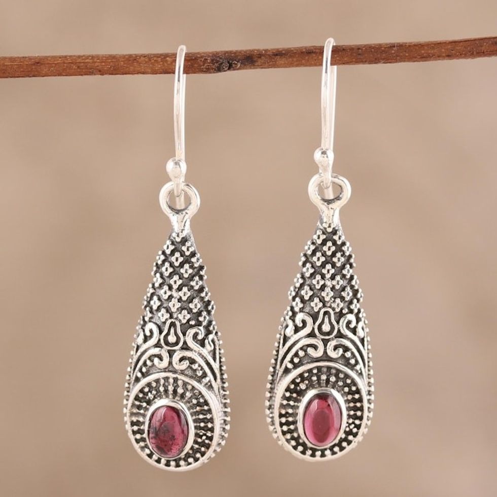 Patterned Garnet Dangle Earrings from India 'Regal Drops'