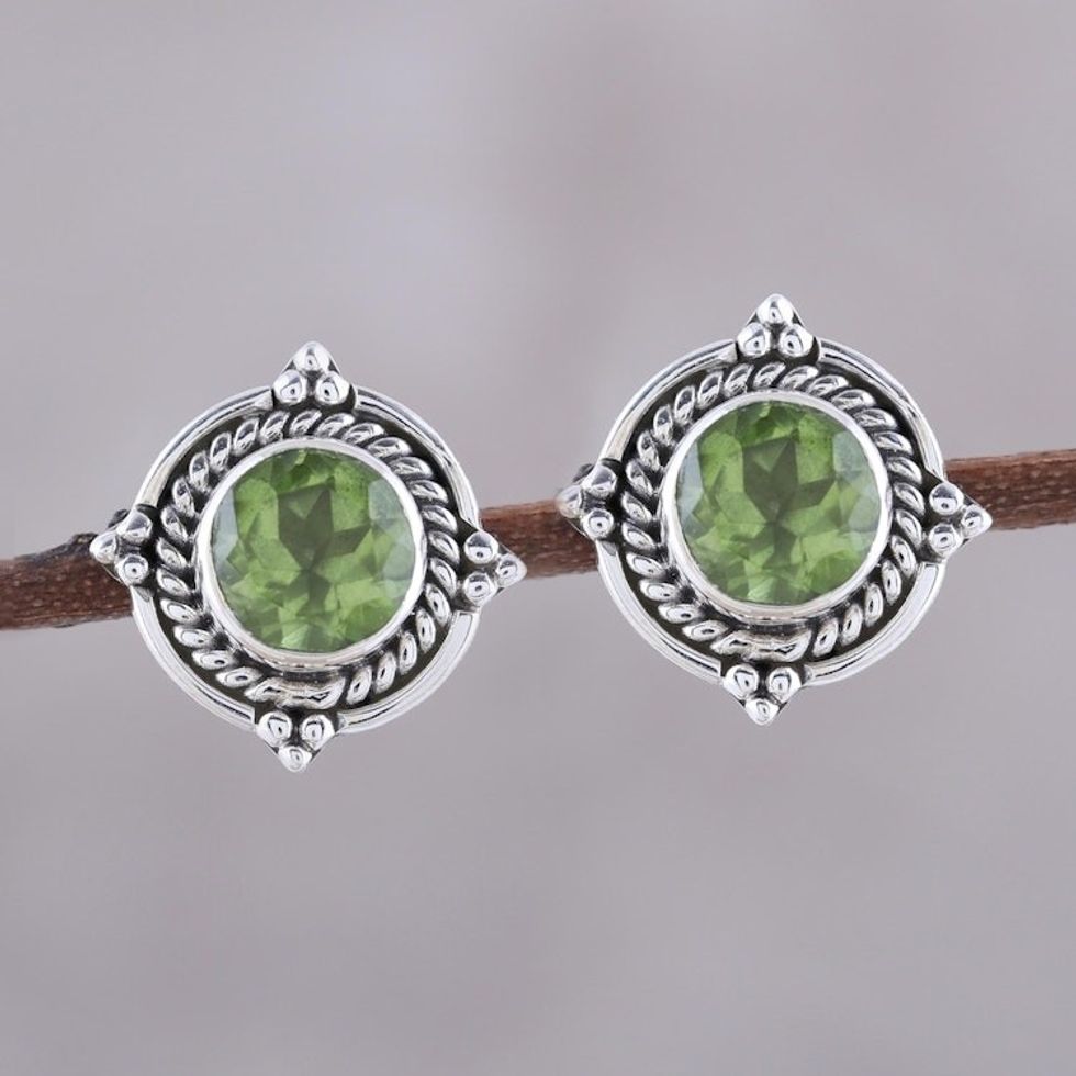 Round Peridot and Sterling Silver Rope Motif Button Earrings 'Sparkling Beacon'