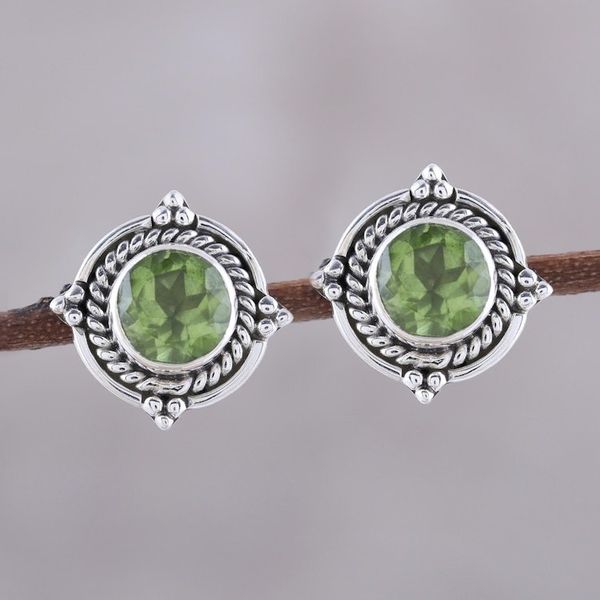 Alternate image for Round Peridot and Sterling Silver Rope Motif Button Earrings Sparkling Beacon