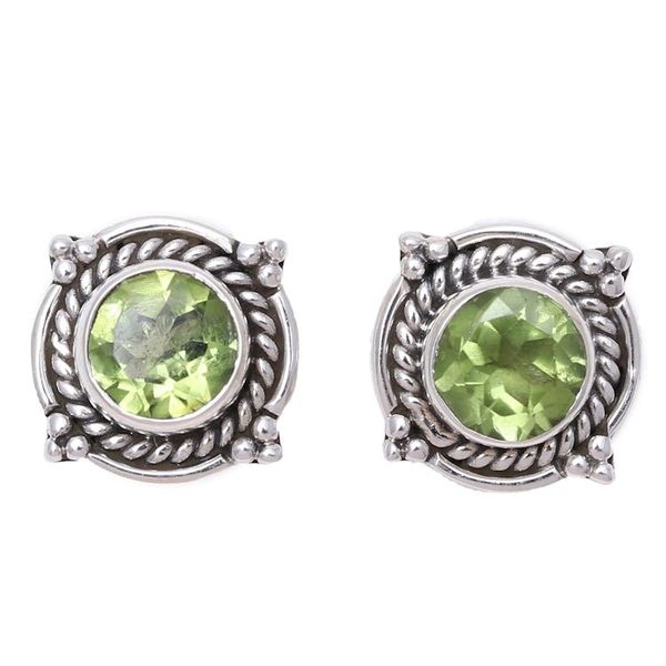 Alternate image for Round Peridot and Sterling Silver Rope Motif Button Earrings Sparkling Beacon