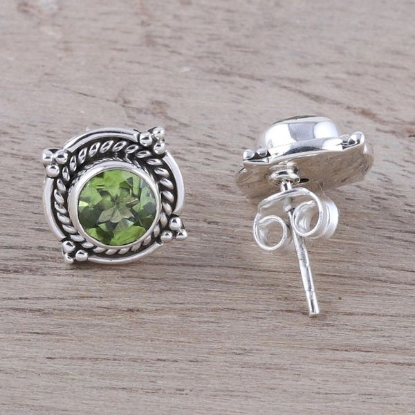 Alternate image for Round Peridot and Sterling Silver Rope Motif Button Earrings Sparkling Beacon