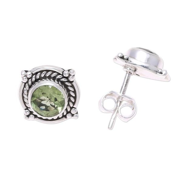 Alternate image for Round Peridot and Sterling Silver Rope Motif Button Earrings Sparkling Beacon