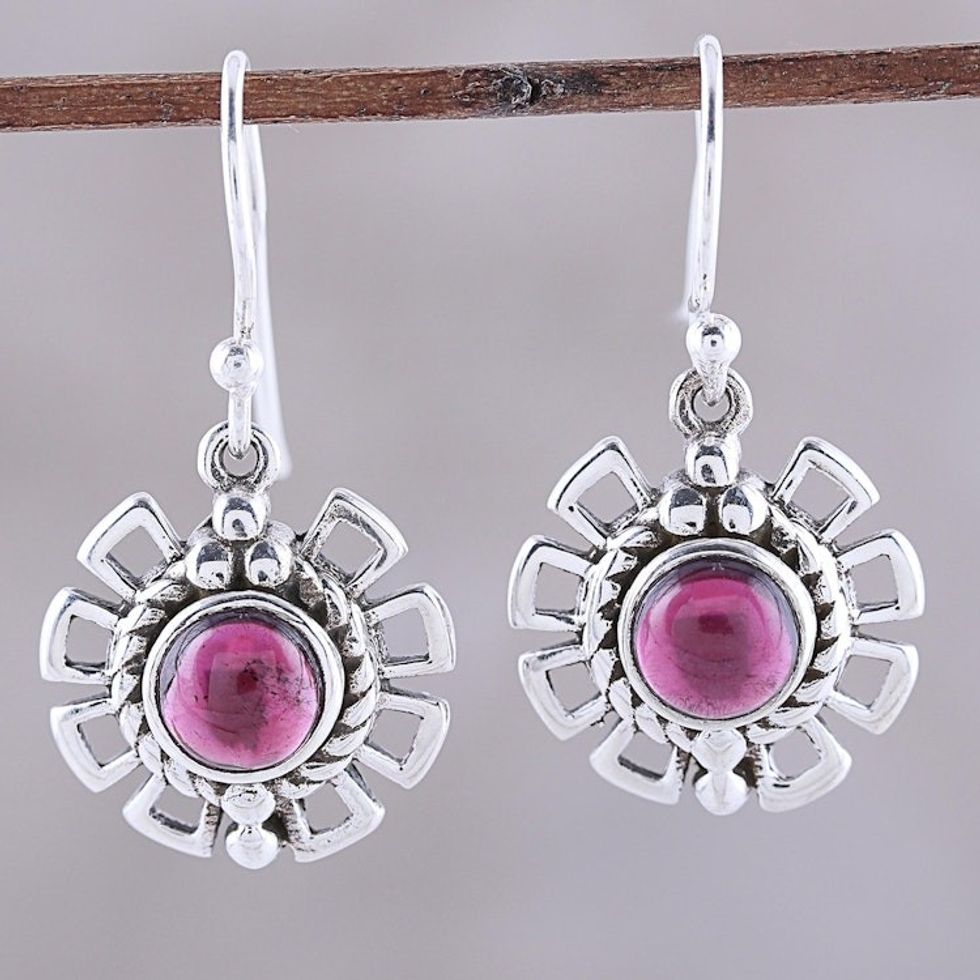 Gleaming Garnet Dangle Earrings Crafted in India 'Gleaming Bloom'
