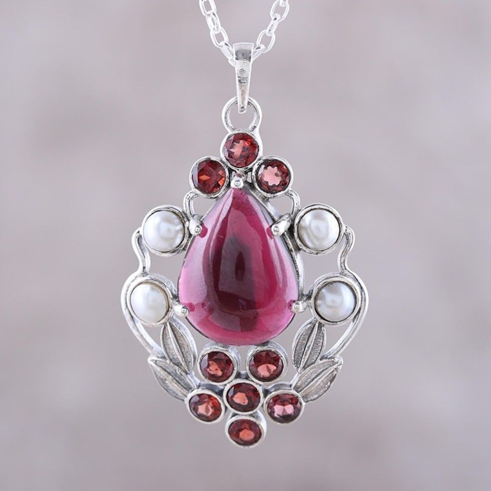 Garnet and Cultured Pearl Pendant Necklace from India 'Basket of Blossoms'