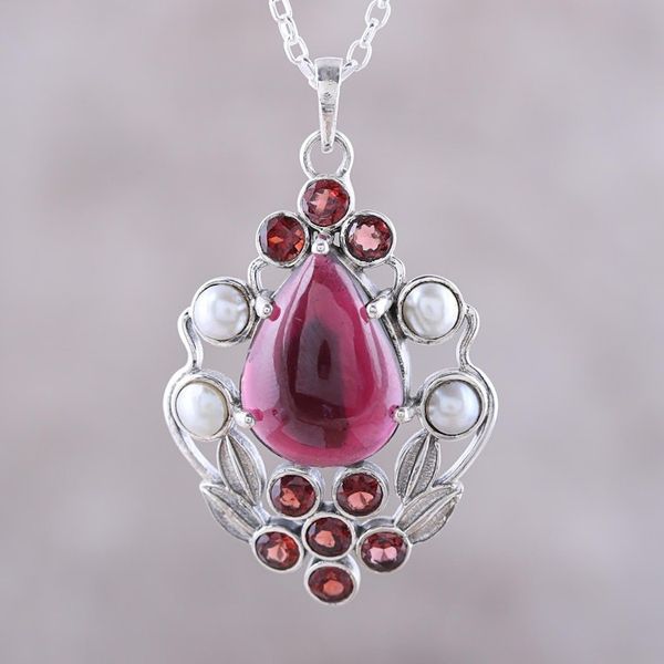 Alternate image for Garnet and Cultured Pearl Pendant Necklace from India Basket of Blossoms