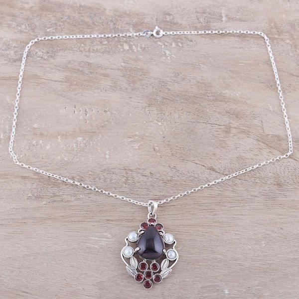 Alternate image for Garnet and Cultured Pearl Pendant Necklace from India Basket of Blossoms