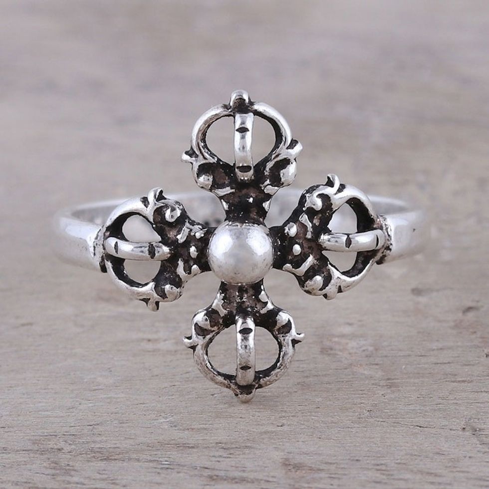 Sterling Silver Openwork and Dot Motif Flower Cocktail Ring 'Compass Rose'