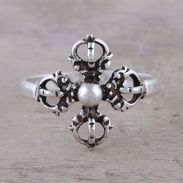 Alternate image for Sterling Silver Openwork and Dot Motif Flower Cocktail Ring Compass Rose
