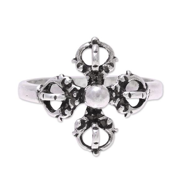 Alternate image for Sterling Silver Openwork and Dot Motif Flower Cocktail Ring Compass Rose