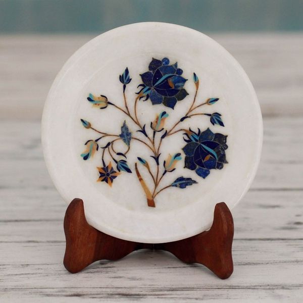Alternate image for Daisy Motif Marble Inlay Decorative Plate from India Blue Daisies