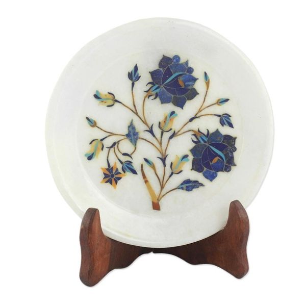 Alternate image for Daisy Motif Marble Inlay Decorative Plate from India Blue Daisies