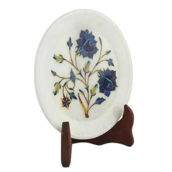 Alternate image for Daisy Motif Marble Inlay Decorative Plate from India Blue Daisies