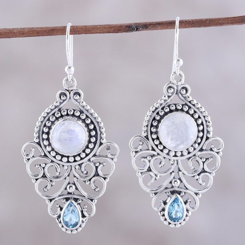 Rainbow Moonstone and Blue Topaz Dangle Earrings from India 'Rainbow Ecstasy'