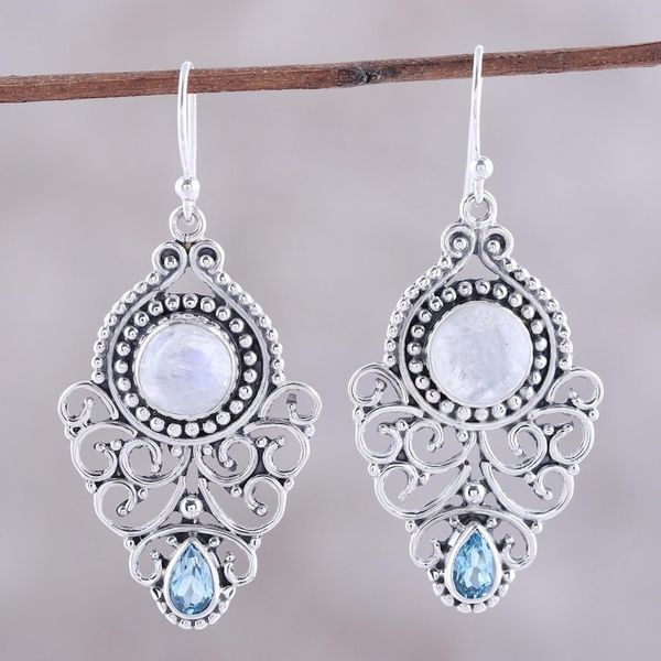 Alternate image for Rainbow Moonstone and Blue Topaz Dangle Earrings from India Rainbow Ecstasy