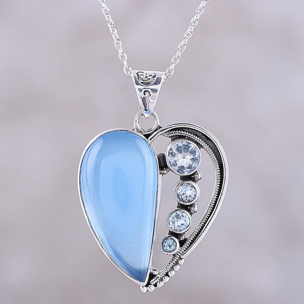 Chalcedony and Blue Topaz Heart Necklace from India 'Blue Heart'