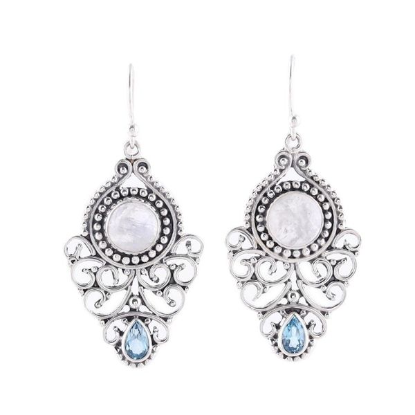 Alternate image for Rainbow Moonstone and Blue Topaz Dangle Earrings from India Rainbow Ecstasy