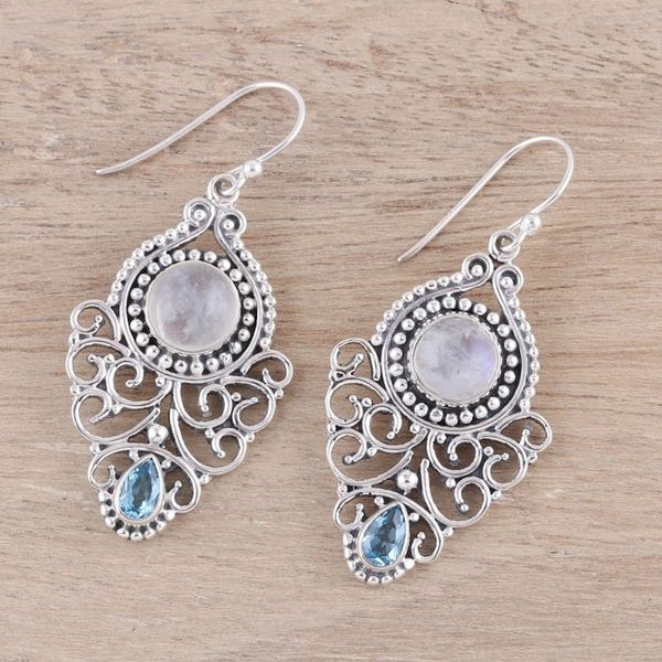 Alternate image for Rainbow Moonstone and Blue Topaz Dangle Earrings from India Rainbow Ecstasy