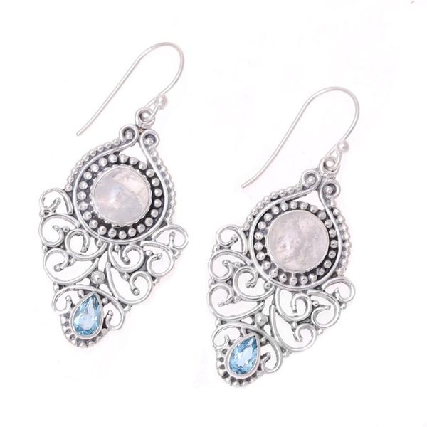 Alternate image for Rainbow Moonstone and Blue Topaz Dangle Earrings from India Rainbow Ecstasy