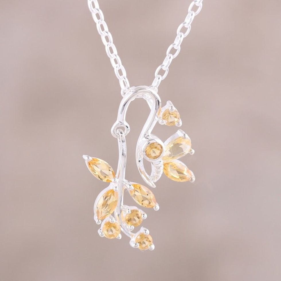 Citrine Sterling Silver Butterfly Flowers Pendant Necklace 'Butterfly Dazzle in Yellow'