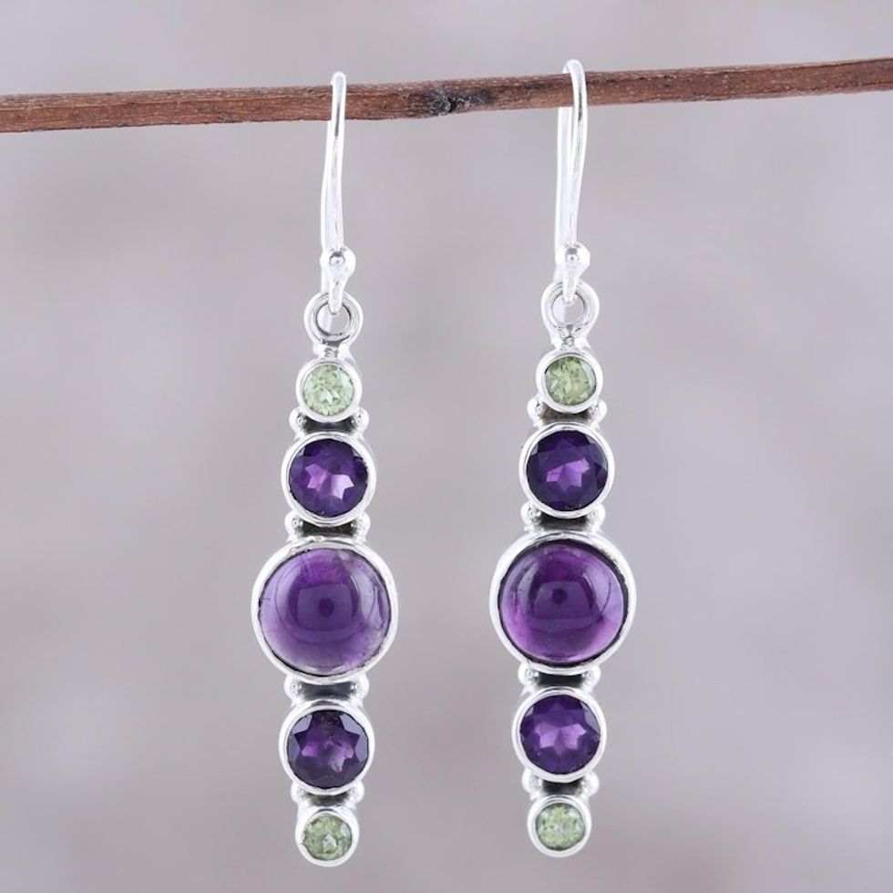 Amethyst and Peridot Sterling Silver Dangle Earrings 'Peaceful Fusion'